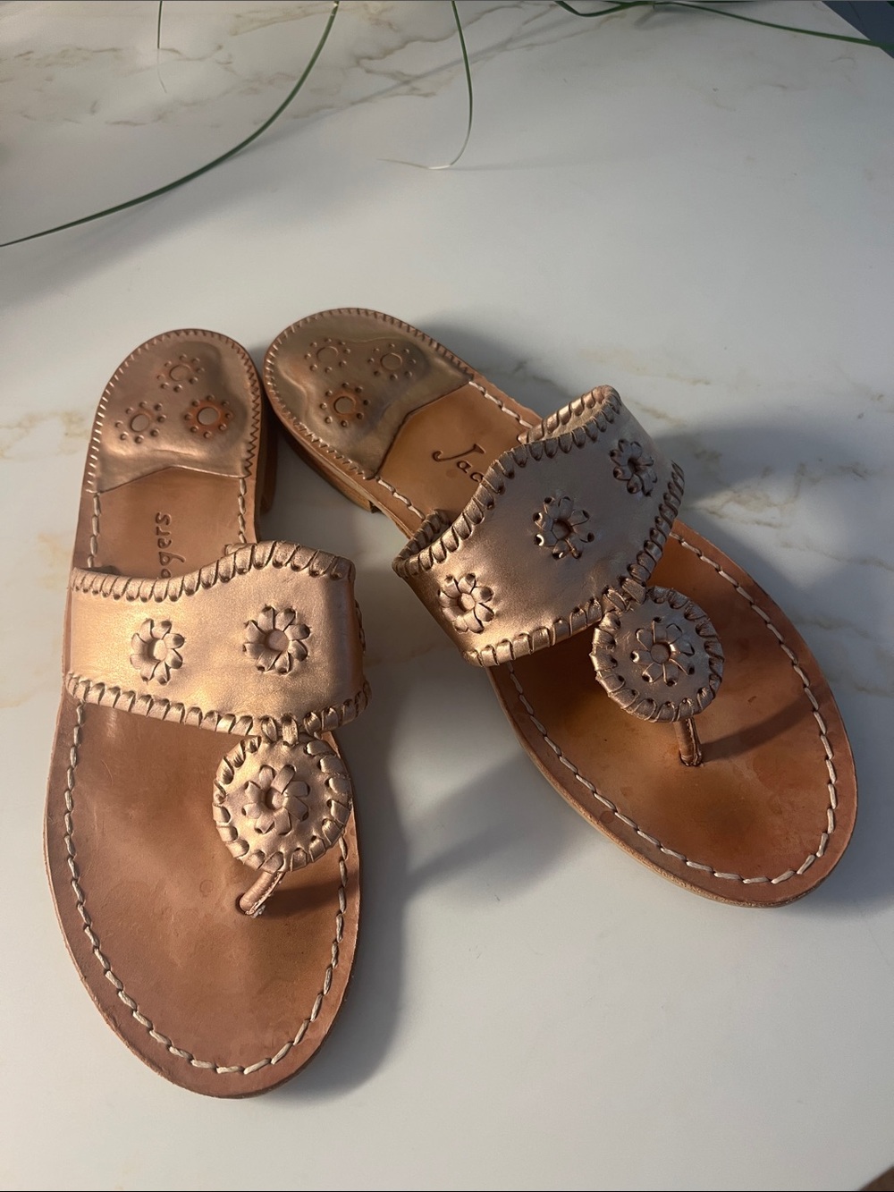 Jack Rogers Sandals Rose Gold Leather Floral Toe-Loop Slides